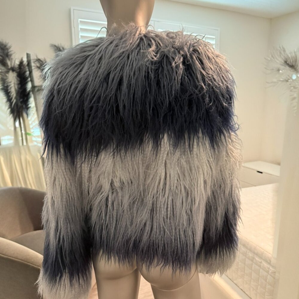 Ramy Brook Striped Faux Fur Coat | Navy Ombre Gray Samuel | Size XS - Picture 2 of 10